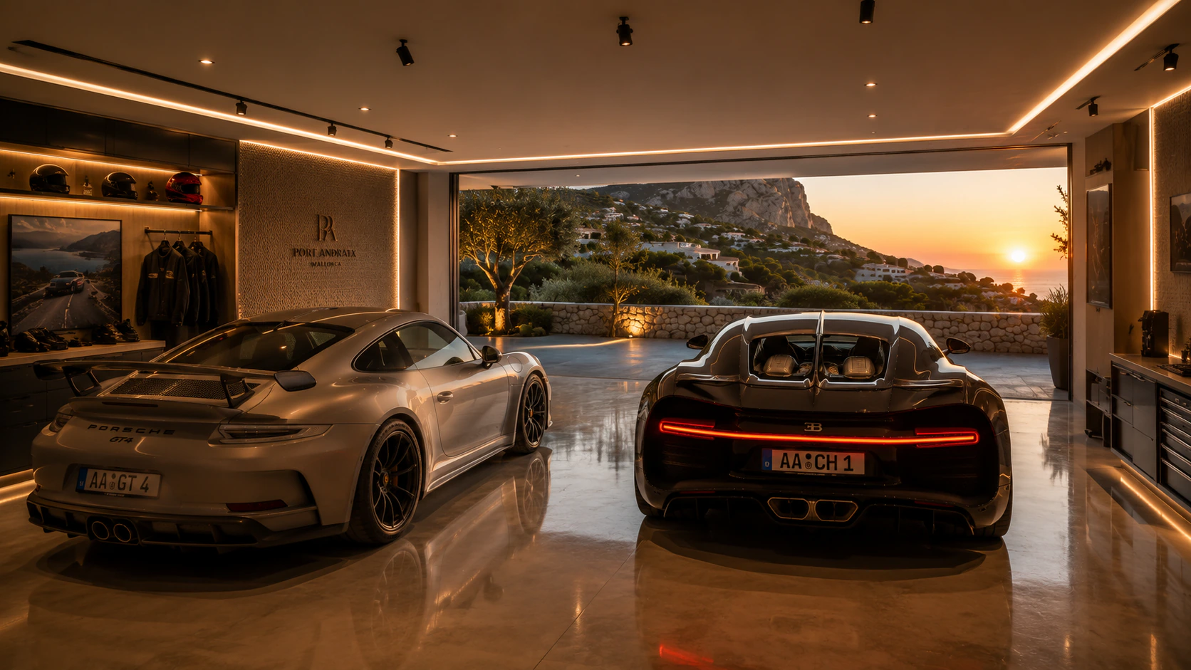 Gallery garage with a Porsche 911 and Bugatti Chiron at sunset