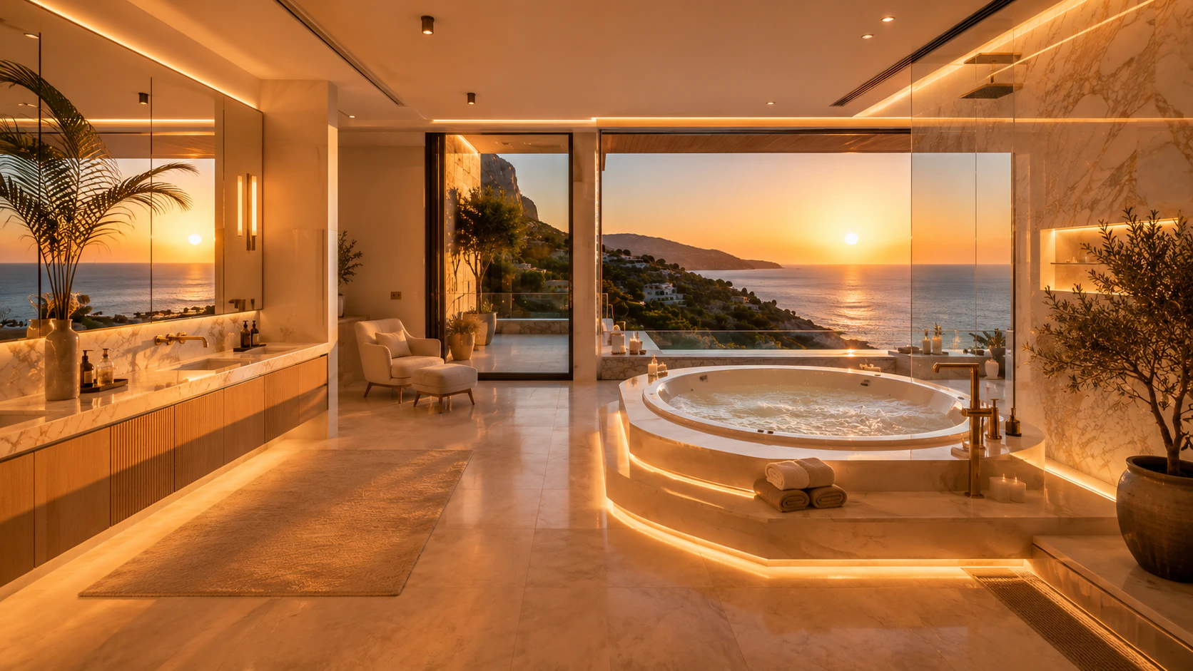 Spa bathroom with round tub and sunset sea view