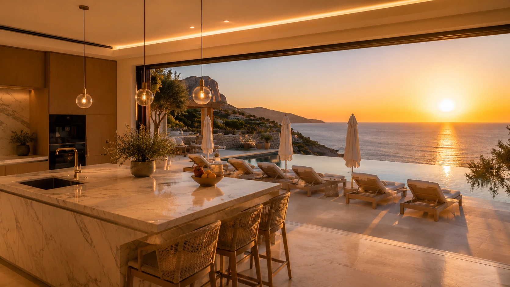 Marble kitchen island opening onto the sea terrace at sunset